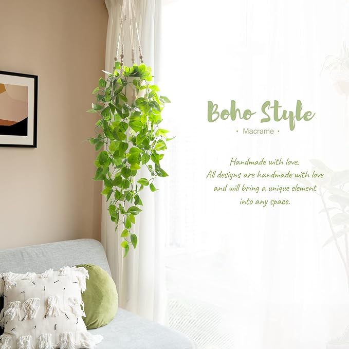 Mkono Fake Hanging Plant with Pot, Artificial Plants for Home Decor Indoor Macrame Plant Hanger with Fake Vines Greenery for Bedroom Bathroom Kitchen Office Decor, Ivory (Pothos)
