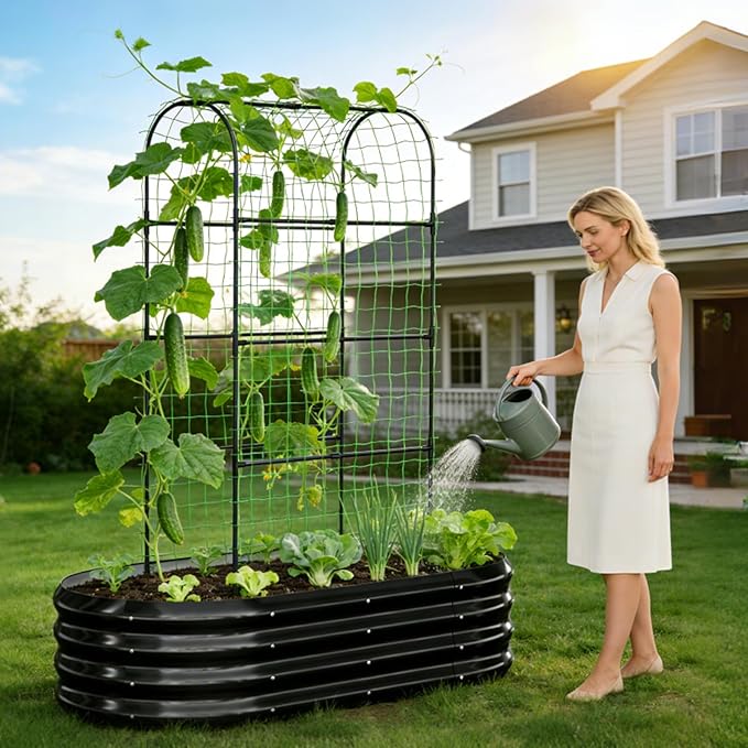 2 in 1 Galvanized Raised Garden Bed with 71" H Arch Trellis for Climbing Plants, Outdoor Gardening Planter Box with Climbing Net for Flowers Vegetables Fruits Herbs, Black