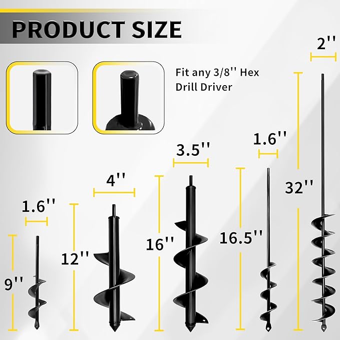 5pcs Auger Drill Bit for Planting - Plant Auger for Cordless Drill - Bulb Planter Tool for Bulbs Planting&Holes Digging - 3/8" Hex Drive Drill