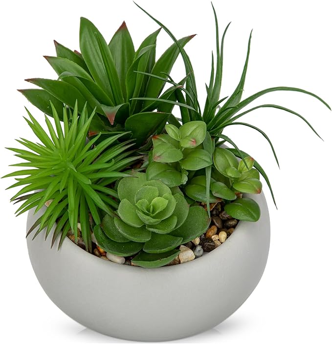 Hollyone Succulents Plants Artificial in Pots Fake Succulents for Outdoors Indoor Faux Succulent Arrangement Potted Plant in Cement Planter Bowl for Garden Office Desk Shelf Living Room Home Decor