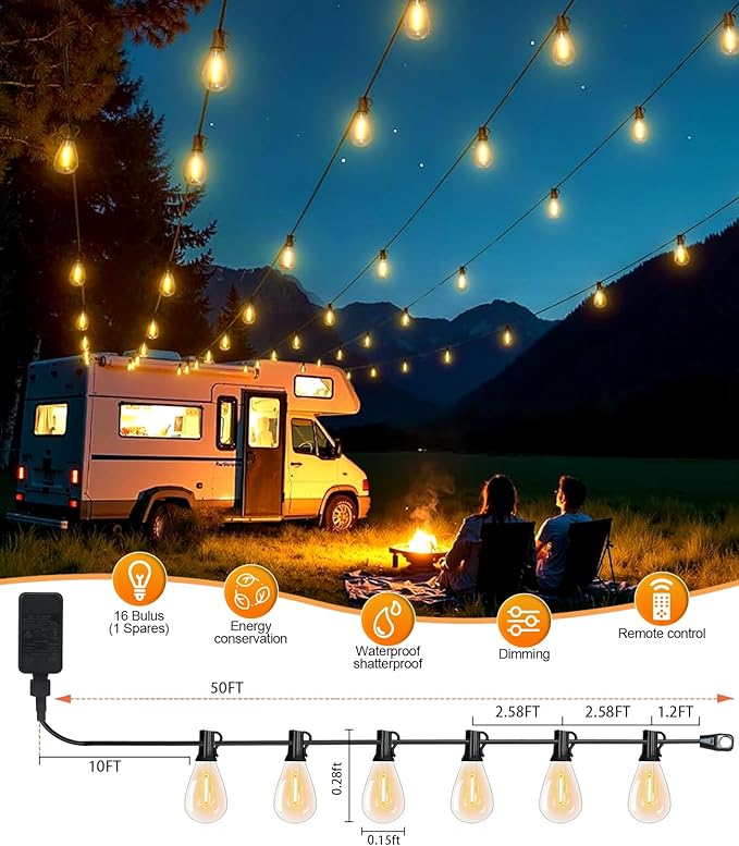 Tenmiro 50FT LED Outdoor String Lights with Remote,16+ 1 Shatterproof Bulbs Waterproof and Dimmable Patio Lights for Porch, Garden, Backyard, Deck, Balcony, 2700K, Hanging Lighting