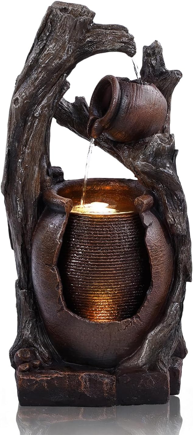 32" H Outdoor Water Fountain, Rustic 2-Tier Clay Pot Water Fountain and Waterfalls with 2 Warm LED Lights, Natural Feature Garden Fountains for Patio, Backyard, Deck, Porch, Home Decor