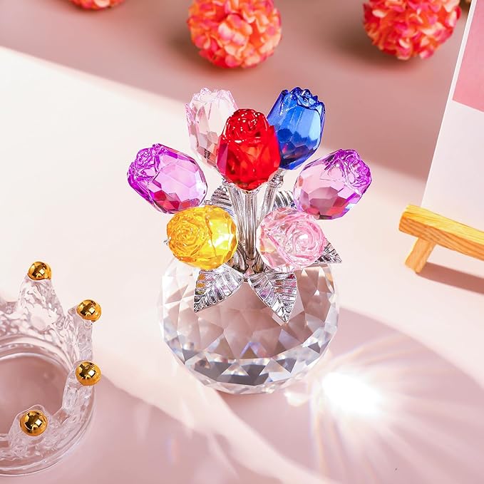 YWHL Handmade Crystal Colorful Rose Flower Figurine with Round Vase, Romantic Rose Gifts for Women on Anniversary Birthday Chrismas, Glass Rose for Grandma Mom Wife, Wedding Home Decorations