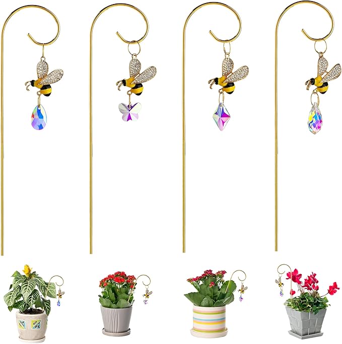 HDCRYSTALGIFTS 4pcs Bumble Bee Crystal Suncatchers with Small Trellis for Potted Plants Indoor Plant Trellis Accessories Sun Catchers, Houseplant,Bouquet Garden Home Decor