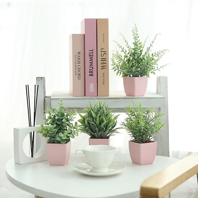 summer flower 4 Pack Small Fake Plants in Pink Pot Artificial Plant Indoor Eucalyptus Wheat Grass Ferns Rosemary Faux Greenery for Room Decor Home Office Desk Bathroom Kitchen Living Room Decorations