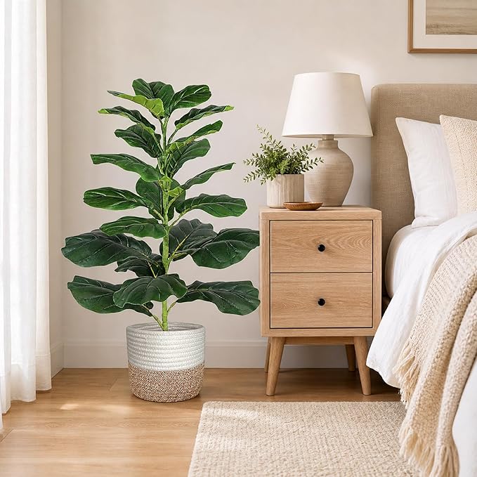 30" Artificial Fiddle Leaf Fig Tree, Realistic Fake Plants Faux Trees Indoor with Cotton Rope Basket, Artificial Plants Indoor for Apartment Home Living Room Office Decor