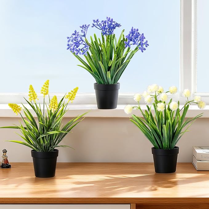 3 Pack Fake Small Plant Artificial Potted Flowers for Home Decor Fake Flower Plant Greenery Mini Faux Plant for Indoor Bedroom Living Room Office Shelf Bathroom Farmhouse Decor (Type 7)