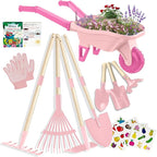 Kids Gardening Set with Wheelbarrow, Real Metal Garden Tools for Kids Ages 3-8, 4 Long Handle Tools, 3 Hand Tool, Gloves, 5 Stickers, Handbook, Outdoor Backyard Toys for Toddler Gift