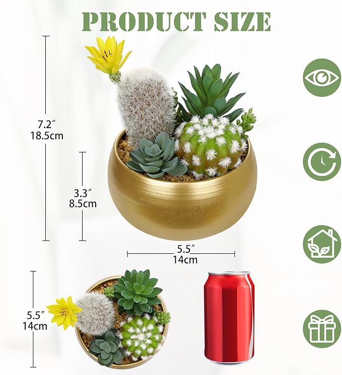 Oairse Artificial Cactus Plants Indoor, 7" Assorted Small Faux Succulent in Pots Fake Potted Desk Plant with Gold Bowl Mini Succulents Artificial Cactus Decor for Home Office Bathroom Table Shelf
