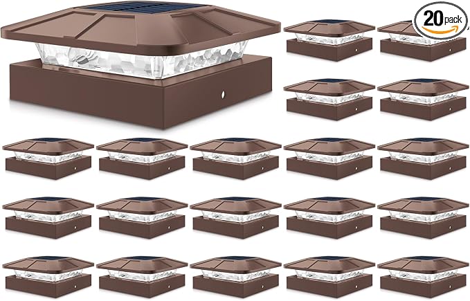 Peasur 4x4 Solar Post Cap Lights Outdoor with 3 Modes, 20 Packs Brown Fence Deck Light Solar Powered Waterproof, Wood/Vinyl Posts Top Lights for Yard Garden Patio Porch Railing Outside