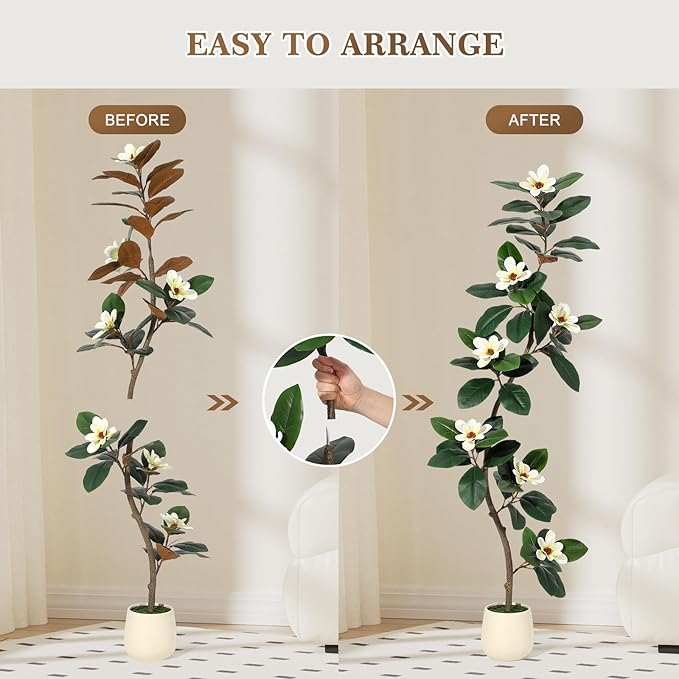 6ft Artificial Rubber Tree with 7 Pcs Magnolia Flowers,Tall Fake Tree with White Planter and Moss Decor,Faux Plants Indoor for Home Living Room Porch Decor