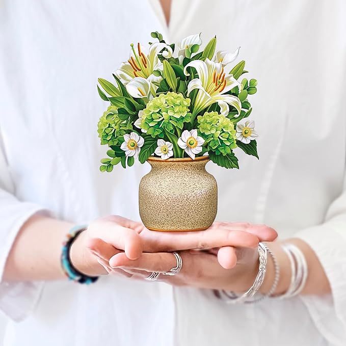 Freshcut Paper Pop Up Cards, Mini Ivory & Sage, 6 Inch Mini Sized Forever Flower Bouquet 3D Popup Greeting Cards, Birthday Cards, Get Well Gifts, Blank Notecard & Envelope