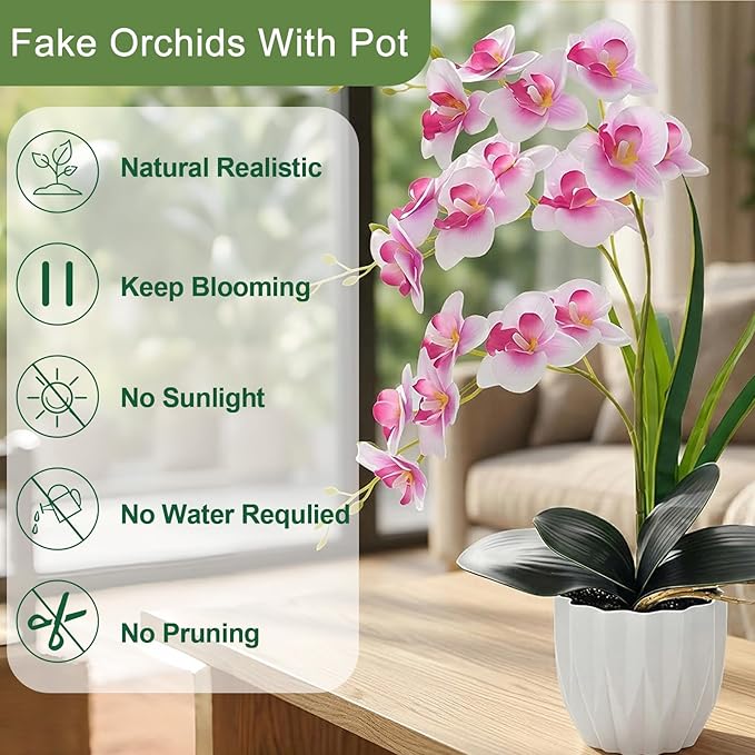 Artificial Orchid Potted Plant, White Purple Fake Orchid Flowers with White Pot, Bendable Faux Phalaenopsis Flower Arrangement for Home Office Table Centerpiece Wedding Party Bathroom Decor