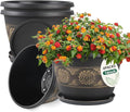 Usocik 4 Pack 16 inch Plant Pots, Retro Pattern Planters with Drainage Holes and Saucer, Sturdy Plastic Garden Flower Pots for Indoor & Outdoor Plants