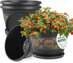 Usocik 4 Pack 16 inch Plant Pots, Retro Pattern Planters with Drainage Holes and Saucer, Sturdy Plastic Garden Flower Pots for Indoor & Outdoor Plants