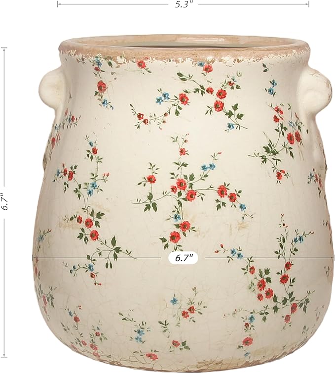 Xiaan Jiaju Ceramic Vases for Centerpieces, Shabby Chic Vase & Flower Pot with Drainage, Country Chic Decor for Office Room Garden Balcony Mantel Fireplace Table & Shelf, Red Floral
