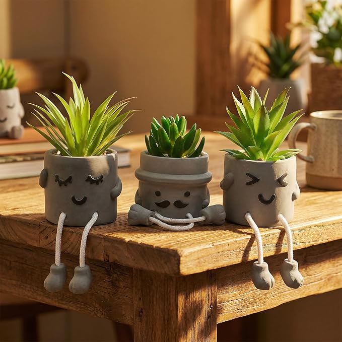 Small Fake Plants Faux Succulents in Grey Pots with Hanging Leg Potted Mini Fake Plants for Office Desk Decor Cute Artificial Succulent Plants for Home Office Desk Decor and Gift Choice - Set of 3