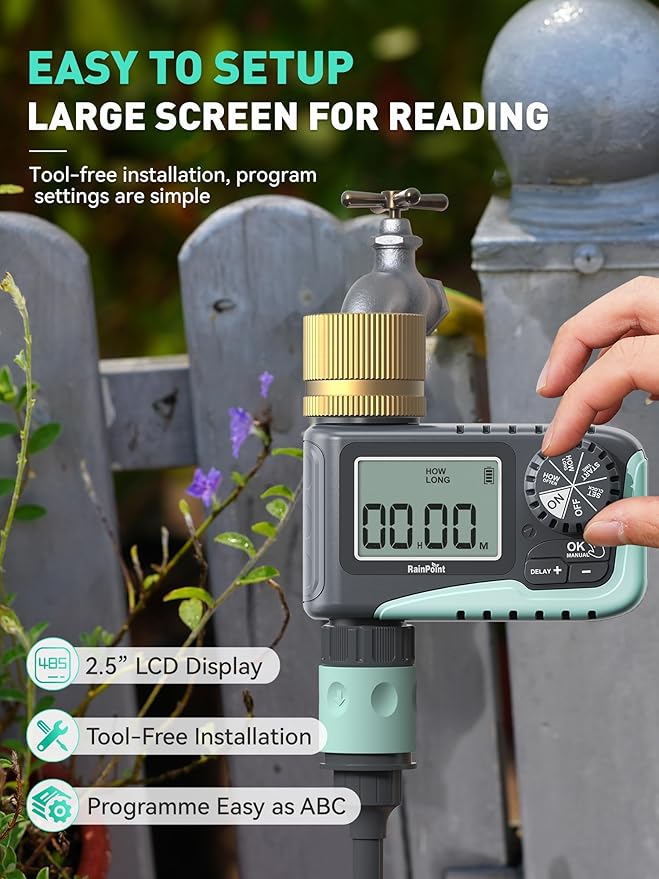 RAINPOINT 2-Pack Sprinkler Timer with Brass Swivel for Garden Hose, Programmable Hose Timer with Rain Delay/Manual Watering, Digital Irrigation System for Lawns, 1 Outlet