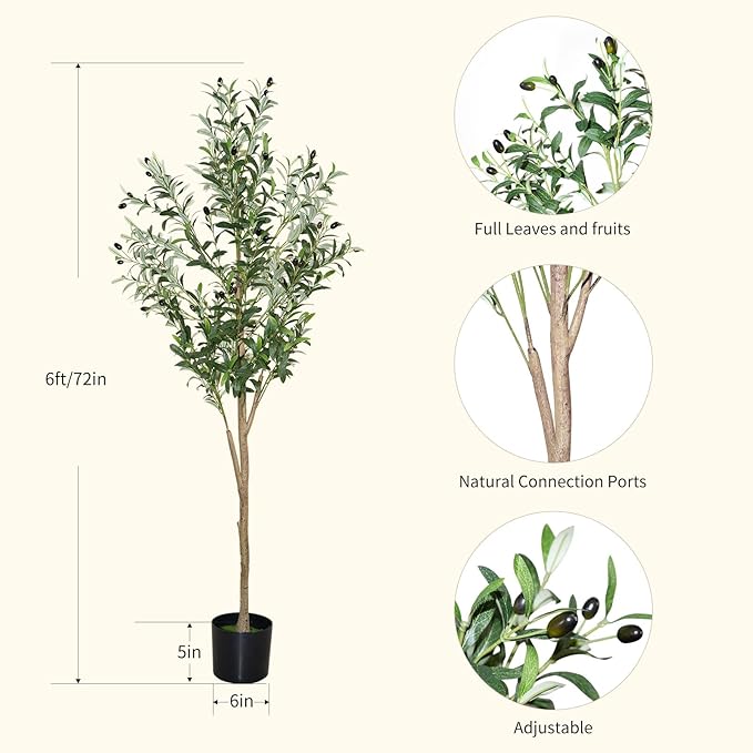 6ft Faux Olive Tree, Artificial Olive Tree Indoor, High Imitation Silk Plant Fake Olive Tree with Realistic Leaves and Fruits, Suitable for Home Living Room Office Decoration