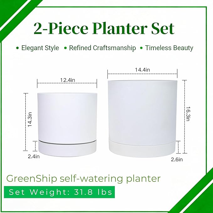 GreenShip Planter Set of 2 (13.8" & 11.8") – Cylinder Planters with Drainage Hole and Planter Saucer, Jun Porcelain Clay & Recycled Resin, Decorate Home,Office & Outdoor,White pots