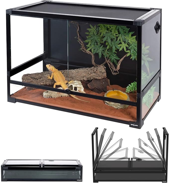 REPTI ZOO Collapsible 60 Gallon 36" Wide Reptile Tank, Tempered Glass Large Reptile Terrarium 36"x18"x24", Black PVC Back, Front & Top Ventilation & Anti Escape Lid, Easy Folding