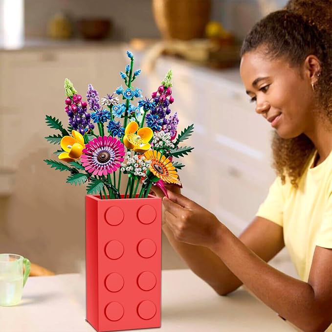 Vase for Lego 10347 10280 10328 Flowers, for Lego Flower Bouquet Building Set,Display Stand for LegoRoses Cherry Blossom Sunflower Tulips Daffodils Lotus-Gift for Lego Flowers Lover(vase only)-Red