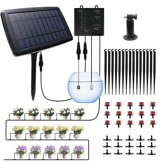 Solar Automatic Drip Irrigation Kit System, 12 Timer Settings Garden Irrigation System, Self Watering Devices for Plants, Raised Beds, Greenhouse, Travel, IP44 Waterproof (15 Pots)