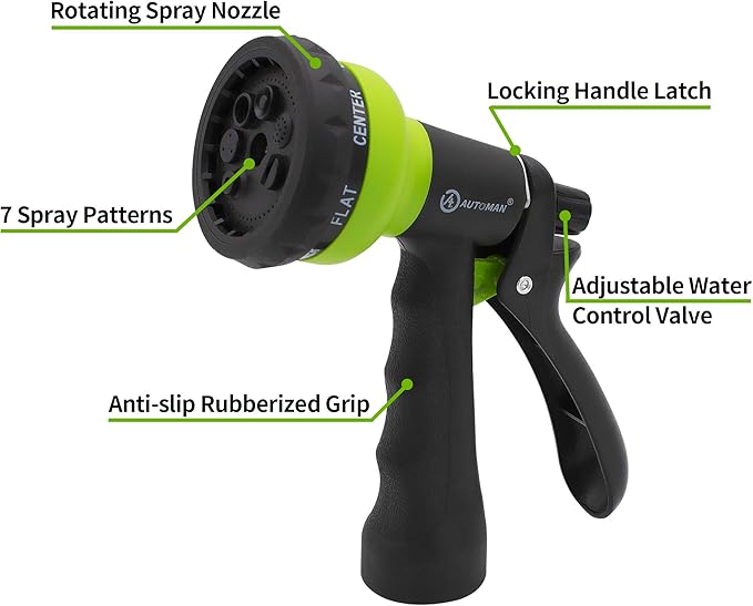 AUTOMAN EVA Recoil Garden Hose 25ft - Includes 7 Pattern Spray Nozzle,Curly Water Hose 25 Foot,Watering Hose Coil,Retractable,Corrosion Resistant Garden Coil Hose.Green