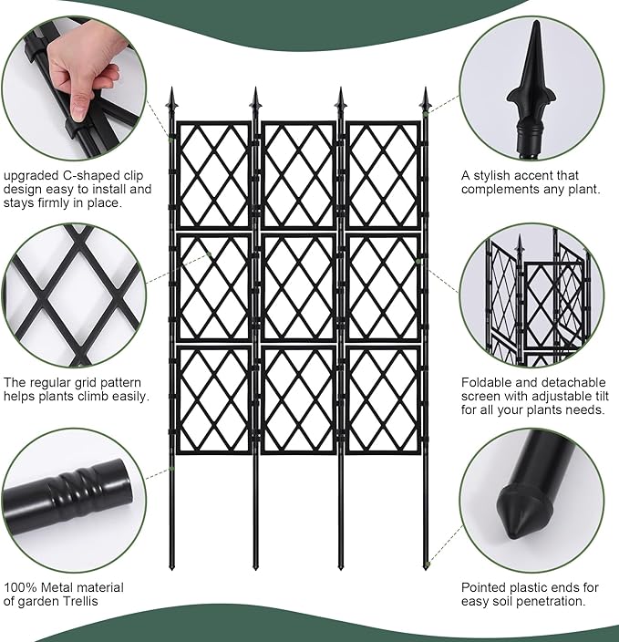 5.25FT Garden Trellis Support Fence,Metal Wall Lattice Climbing Frame for Climbing Plants Outdoor, Black Iron Pipe Fence for Potted Plants Indoor for Ivy Vines Vegetable Flower, Patio, Lawn, Yard