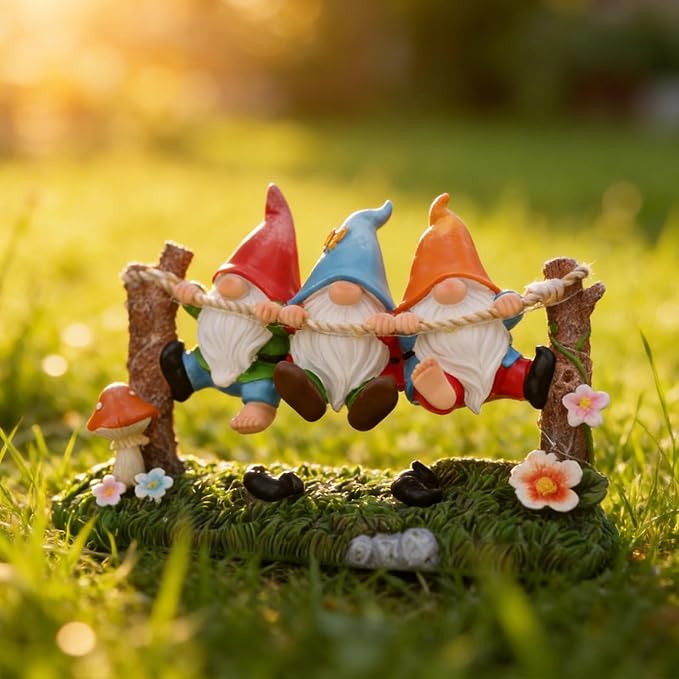 Garden Gnome Statue, Solar Swing Gnomes Figurine with Flowers and Mushrooms, Waterproof Resin Outdoor Decor for Patio Lawn Yard Home Tabletop Decoration