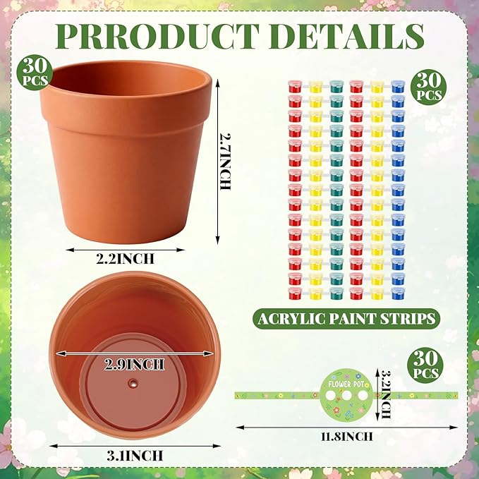 30 Set Paintable Flower Pot with Drainage Craft Kit DIY Flower Plant Crafts with Paint Flowerpot Lid for Spring Summer Gardening Art Project Classroom Party Activities