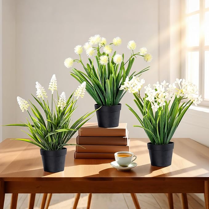 3 Pack Fake Small Plant Artificial Potted Flowers for Home Decor Fake Flower Plant Greenery Mini Faux Plant for Indoor Bedroom Living Room Office Shelf Bathroom Farmhouse Decor (Type 5)