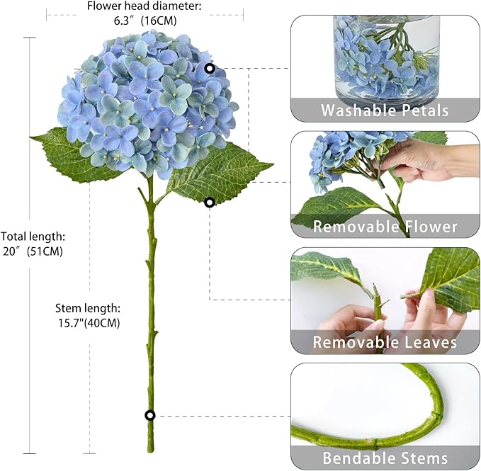 ZYTUYO 20 inches 4 Pcs Blue Green Real Touch Hydrangea Artificial Flowers Boho Lifelike Real Looking Latex Hydrangeas Flower with Long Stem for Home Decor Spring Table Centrepiece