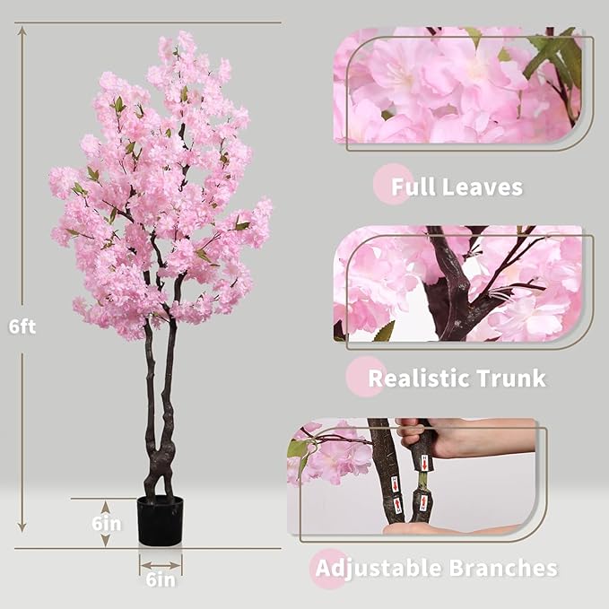 Faux Pink Cherry Blossom Tree 6ft(72in) Tall Artificial Japanese Sakura in Pot Realistic Cherry Plant Decor Handmade Natural Fake Pink Flower Tree for Wedding,Living Room,Spring Decor