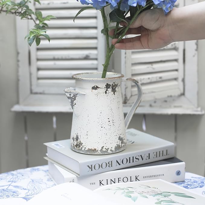 Vintage Pitcher Vase Rustic Farmhouse Vase for Flowers Vintage Metal Milk Jug Small Decorative Pitcher Shabby Chic Decor for Home, Kitchen, Bathroom, White