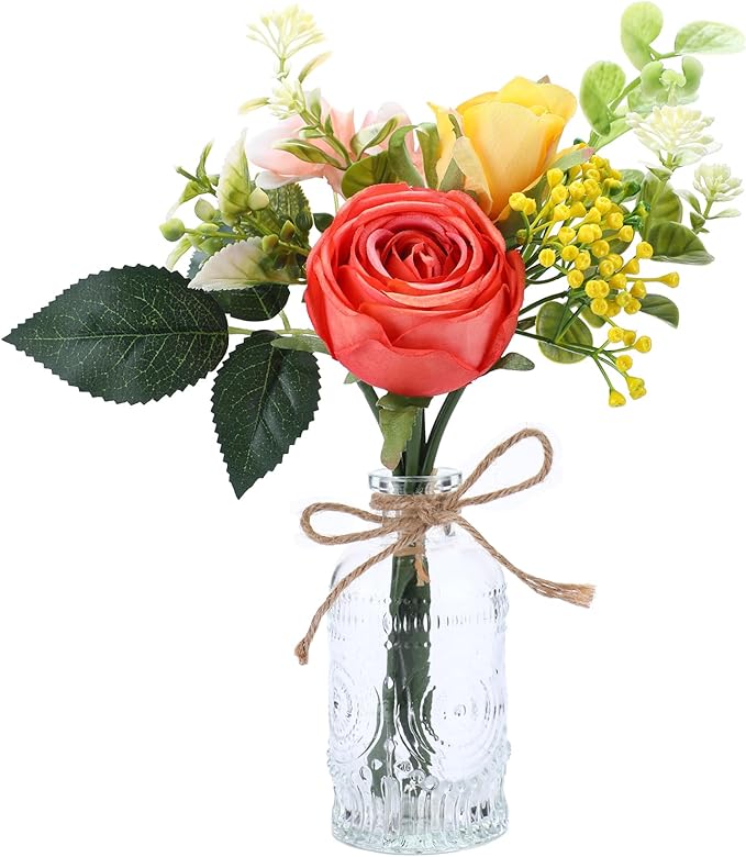AFRITEE Artificial Flowers with Small Vase - Orange Potted Fall Rose Floral Arrangements Artificial with Small Vase for Home Living Office Wedding Coffee Centerpiece Table