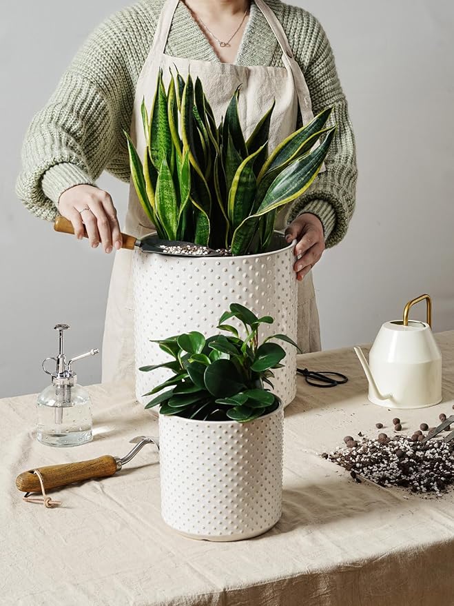 LE TAUCI Ceramic Pots for Plants, 10/8/6 Inch Indoor Planters with Draiange Hole, Silicone Plug & Mesh Pad, Modern Rasied-Dots Pots for Home Office, Set of 3, Glossy, Arctic White