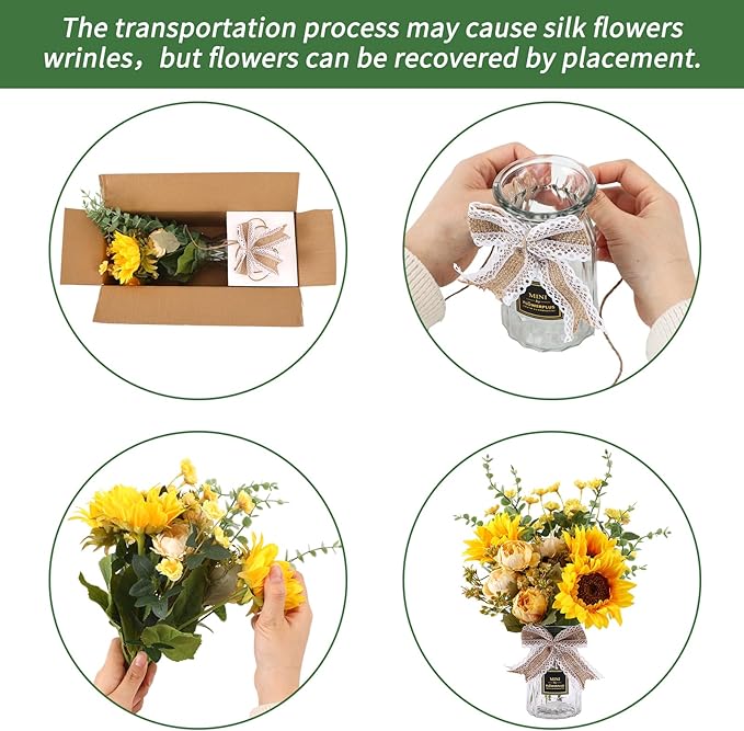 CEWOR Fake Flowers in Vase, Artificial Flowers with Vase Faux Silk Floral Arrangement Table Centerpieces Decor for Home Office Dining Farmhouse Coffee Table Living Room Bathroom Plant Decor(Yellow)