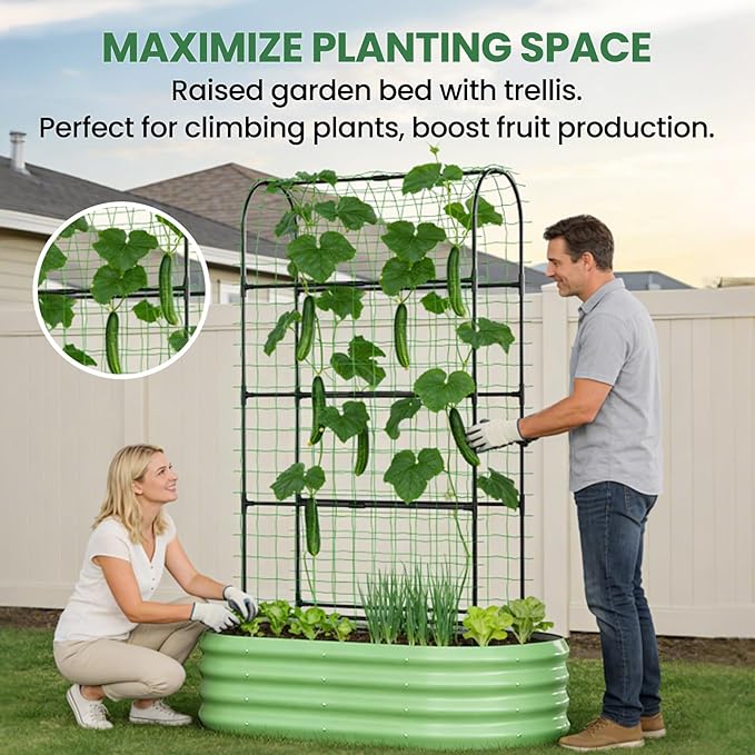 2 in 1 Galvanized Raised Garden Bed with 71" H Arch Trellis for Climbing Plants, Outdoor Gardening Planter Box with Climbing Net for Flowers Vegetables Fruits Herbs, Green