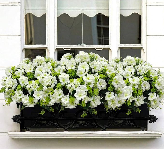Artificial Geranium Flowers for Outdoor Decoration, 6 Bundles UV Resistant Silk Geranium Fake Plants Faux Flowers for Front Porch Garden Patio Window Box Outside Indoor Decor (White)