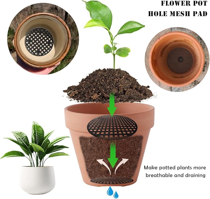 300 PCS Circular Flowerpot Hole Net Pads, 2 Styles and 6 Sizes, Flowerpot Soil Prevention, Leakage Prevention and Ventilation Pads, Indoor and Outdoor Plant Drainage Pads