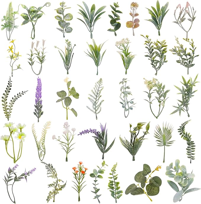 FOIMAS 36Pcs Mini Fake Green Leaves, Artificial Faux Plants Leaves Flowers for DIY Craft Small Bouquets Bridal Baby Shower Envelope Cakes Gifts Home Party Wedding Anniversary Decoration