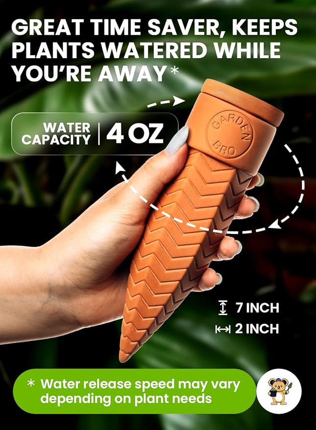 8pc Olla Watering Spikes For Plant Watering With Lids - Automatic Terracotta Self Watering Spikes For Indoor Plants & Outdoor - Terracotta Watering Spikes For 8" Pots Or Larger Water Plants While Away