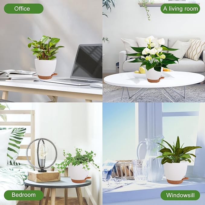 Vanslogreen Plant Pots for Indoor Plants 5 Pack Self Watering Planters, 7/6.5/6/5.5/5 Inch Self Watering Pots with Drainage Hole Plastic Flower Pot for Herbs, Succulents, African Violet (White)