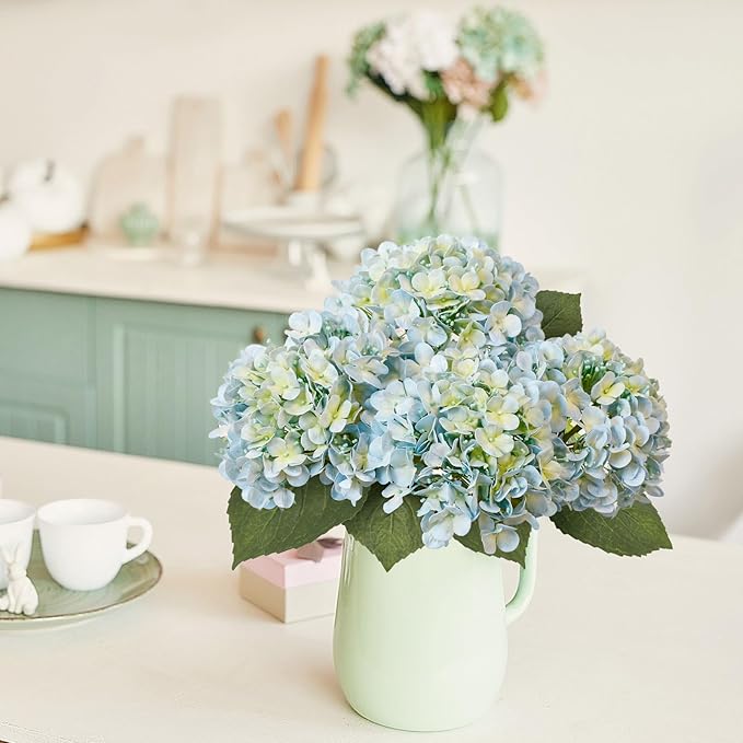 Leftover 4 Pcs Light Blue Hydrangea Artificial Flowers,21" Real Touch Faux Hydrangea Flowers and 3 PCS Butterflies for Hydrangea Decor,Floral Arrangements for Centerpiece Table Decorations,Home Decor