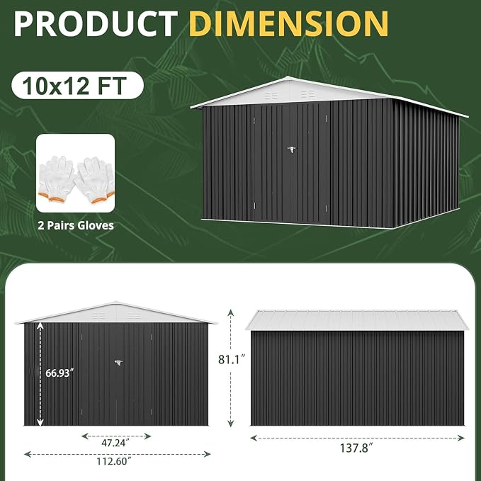 Polar Aurora 10x12 FT Metal Shed, Heavy-Duty Galvanized Steel Tool Storage Shed with Lockable Doors, Waterproof Outdoor Garden Shed for Outside, Backyard, Patio, Lawn, White