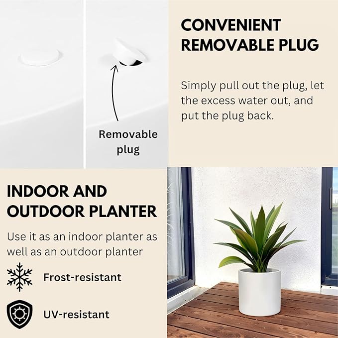 Fox & Fern Matte White Plant Pots with Drainage Plug (Set of 3) — Premium Lightweight Fiberstone 8, 10, and 12 Inch Planters for Indoor and Outdoor Use - Weather Resistant & UV Resistant