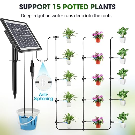 Solar Irrigation System for Garden - Skycow 2W Solar & USB Power Automatic Drip Irrigation Kit15 Potted Indoor Outdoor Garden Balcony Anti-Siphoning Plant Watering System 25 Timing Mode