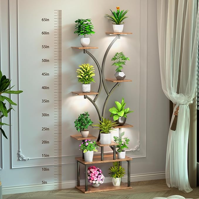 REFGY 65 inch Plant Stand Indoor with Grow Lights, 9 Tiered Metal Plant Stands Indoor, Tall Plant Shelf for Multiple Plants, for Living Room, Patio Balcony or Office (Rustic Brown)