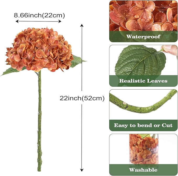 Coferset Fall Orange Hydrangea Artificial Flowers 3pcs Lifelike Faux Hydrangea Real Touch Fake Flowers for Home Wedding Christmas Office Party Living Room Decoration,22inch